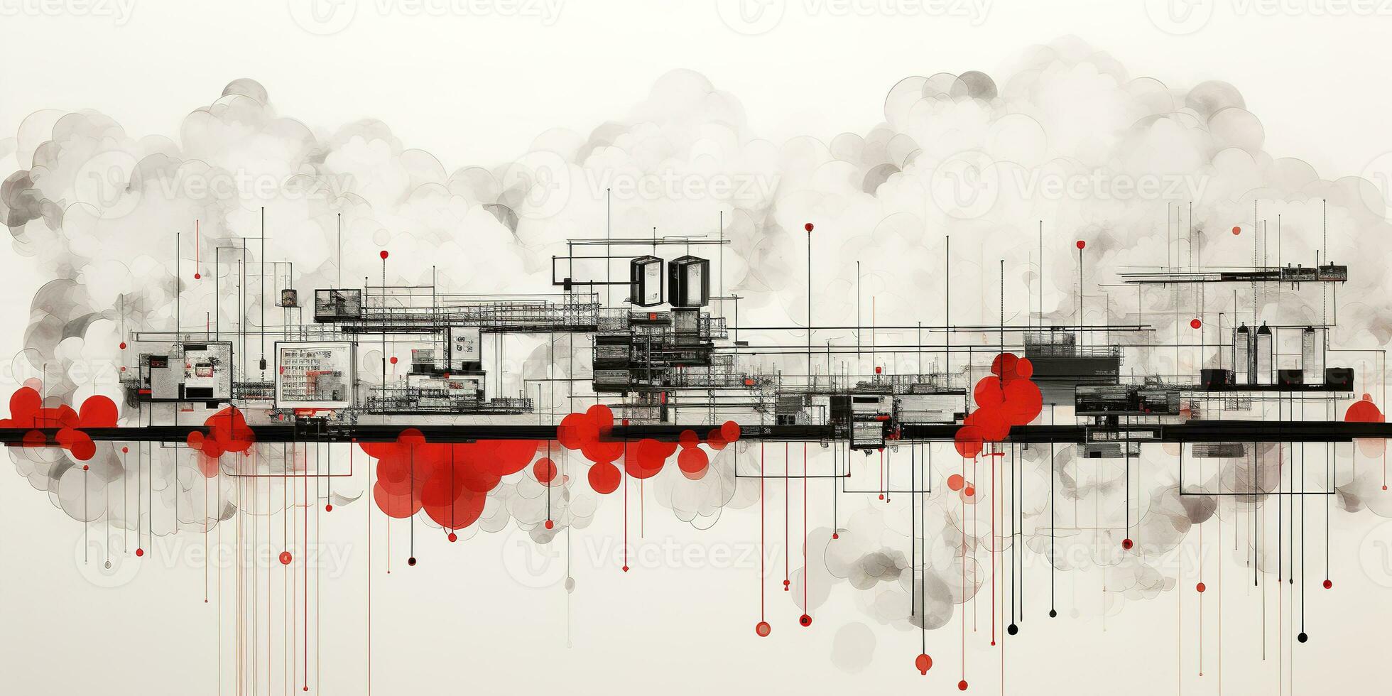 Generative AI, Abstract geometric factory pipeline industry watercolor and ink background with red and grey clouds. photo