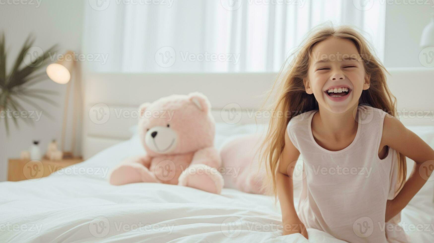 Little girl posing in bed with her teddy bear. Generative AI photo