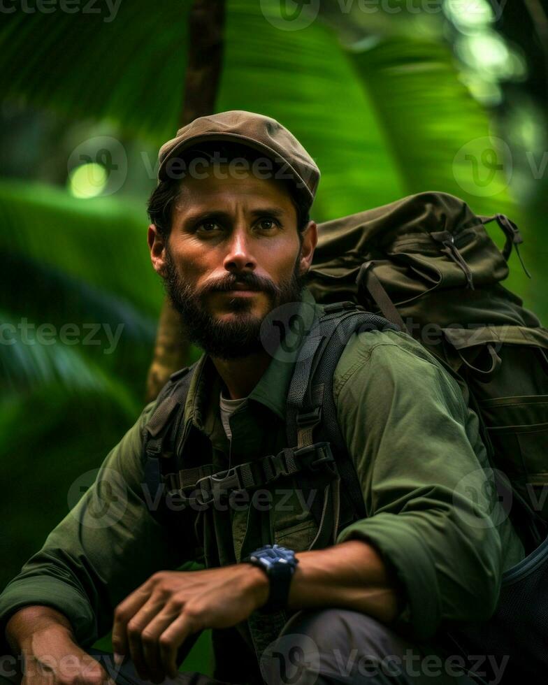 un hombre en el medio de un abandonado y verde naturaleza. generativo ai foto