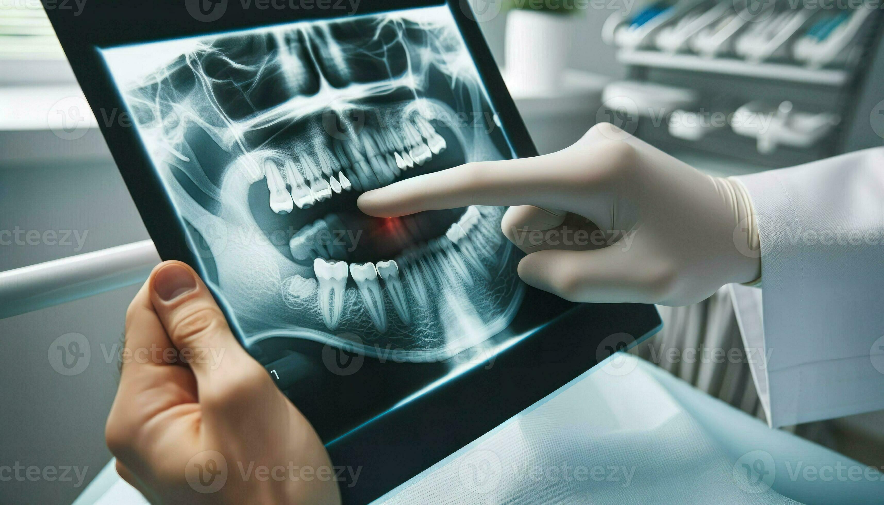 Closeup of a dentist showing a dental xray to a concerned patient