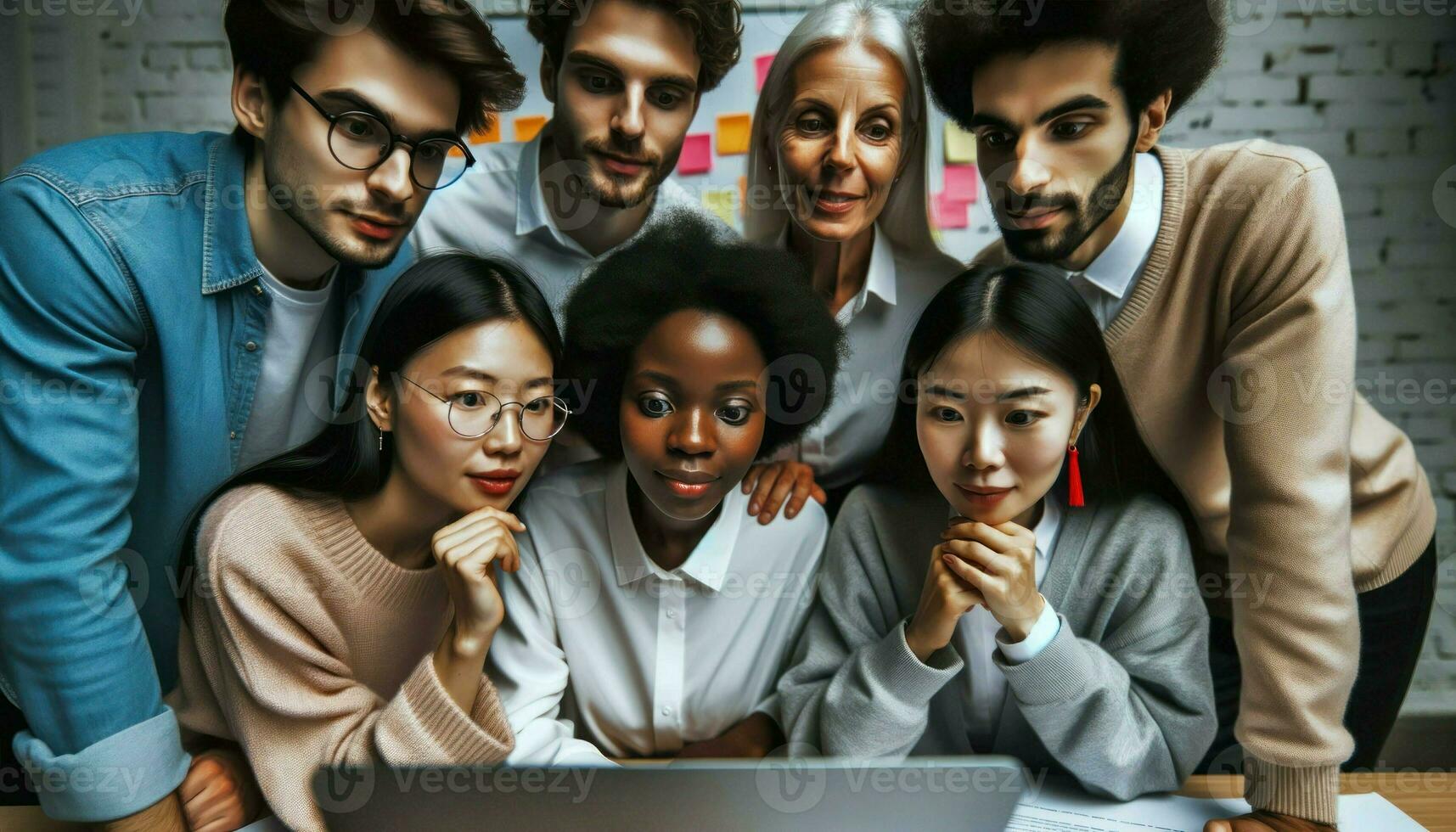 un grupo de diverso compañeros de trabajo, incluso un africano mujer, un asiático hombre, y un caucásico mujer, acurrucado alrededor un ordenador portátil durante un lluvia de ideas. generativo ai foto