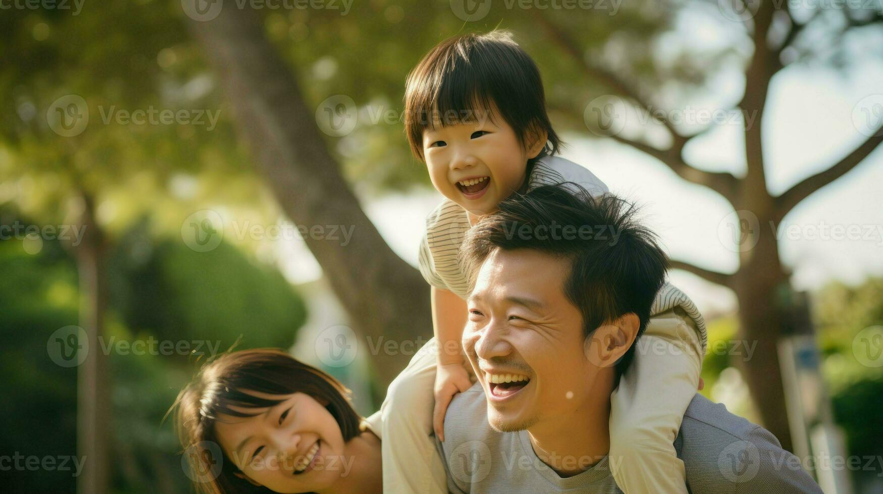 Happy pose of an Asian family in the park among the greenery. Generative AI photo