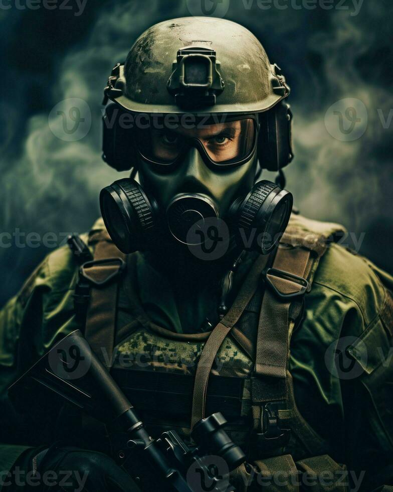 An armed soldier wearing a gas mask. Generative AI photo