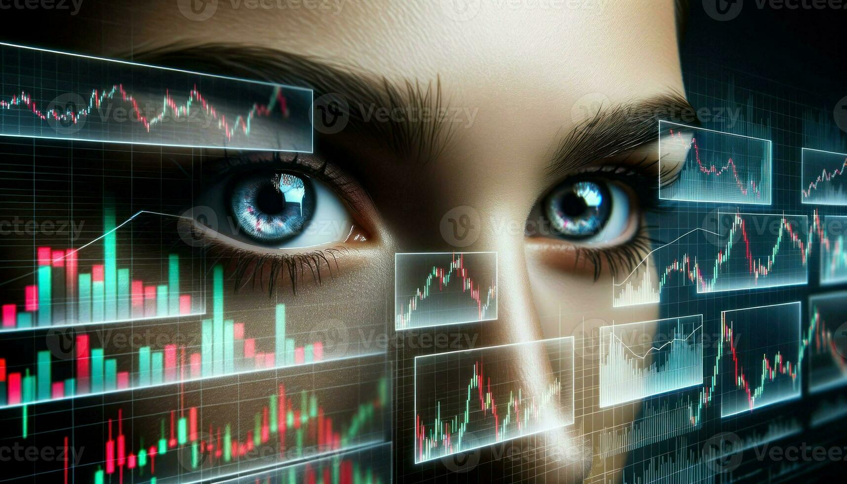 Wide shot focusing on the intense eyes of a businesswoman, reflecting the screens of multiple stock market graphs.. Generative AI photo