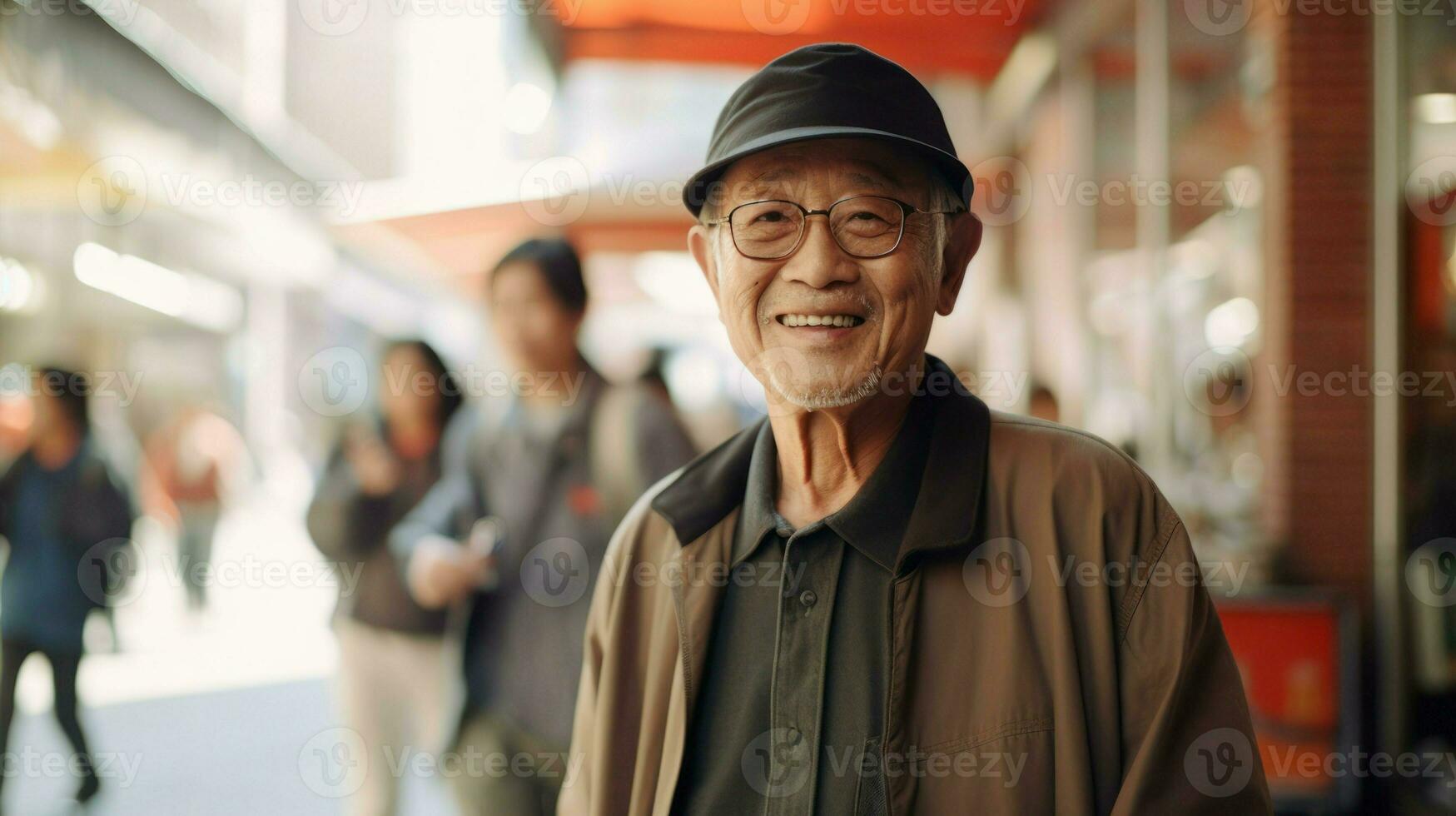 Asian old man visiting a street market in the streets of Asia. Generative AI photo