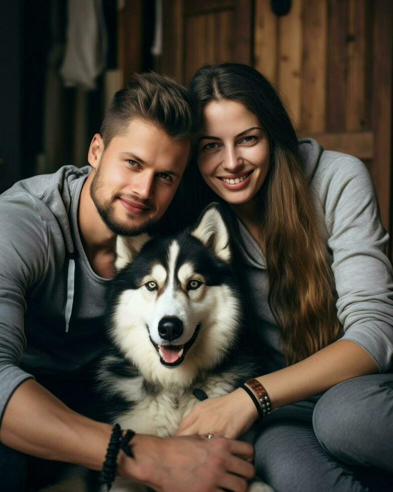 A family posing happily inside the house with their dog. Generative AI photo