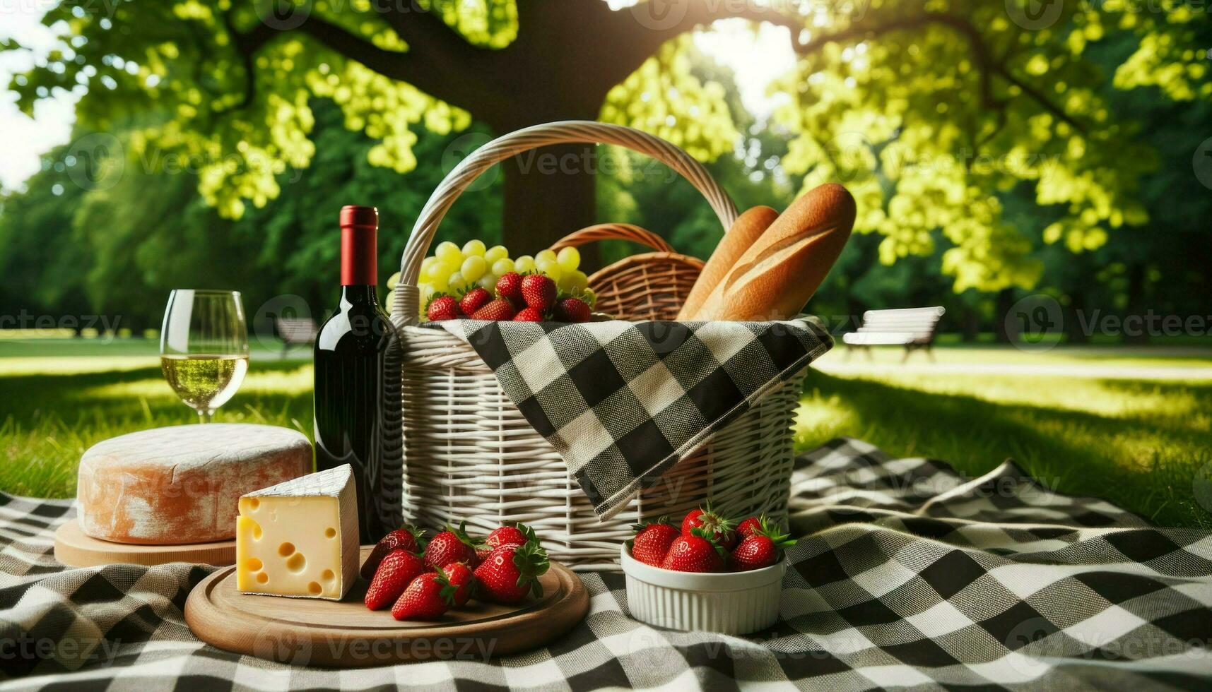 A checkered blanket spread in a park with a basket, wine, cheese, and strawberries, under a shady tree.. Generative AI photo