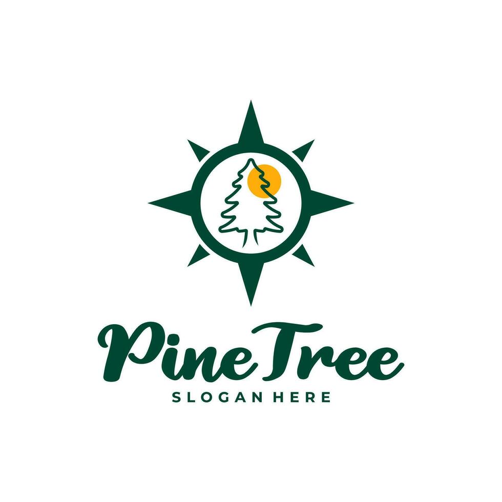 Pine Tree with Compass logo design vector. Creative Pine Tree logo concepts template vector