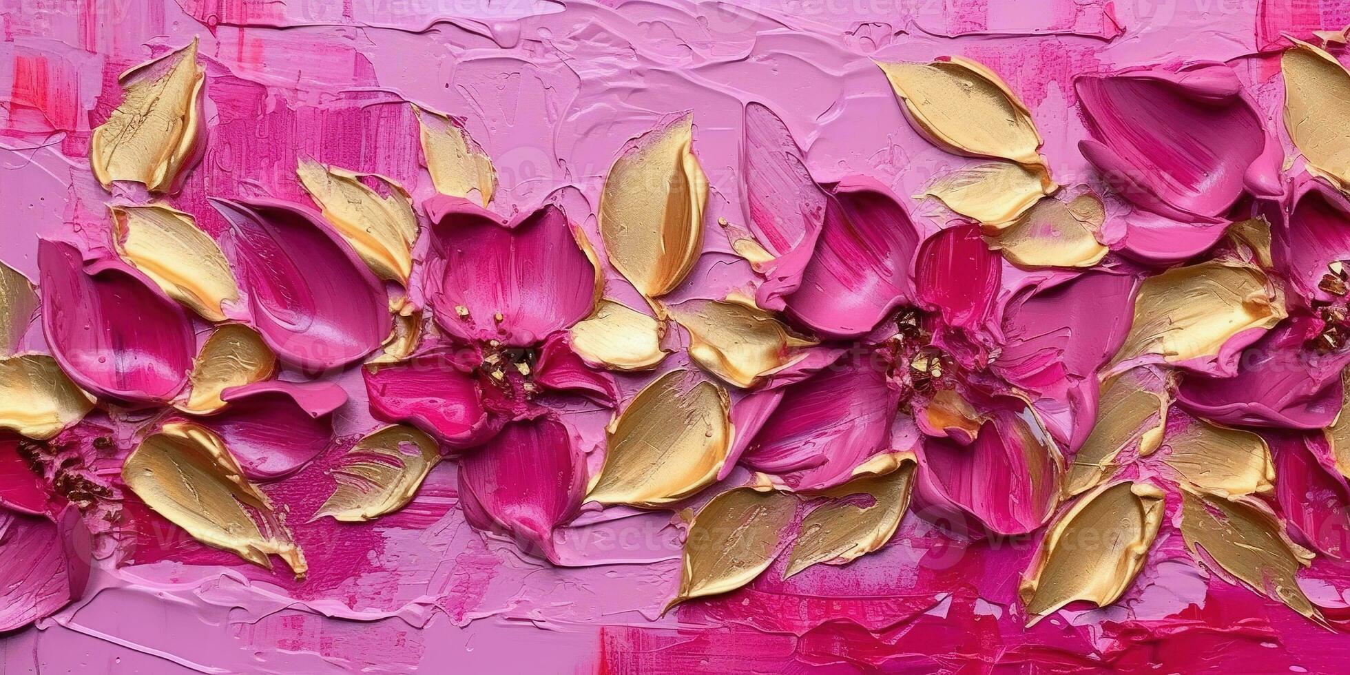 Generative AI, Pink and golden impasto abstract painting, viva magenta color background photo