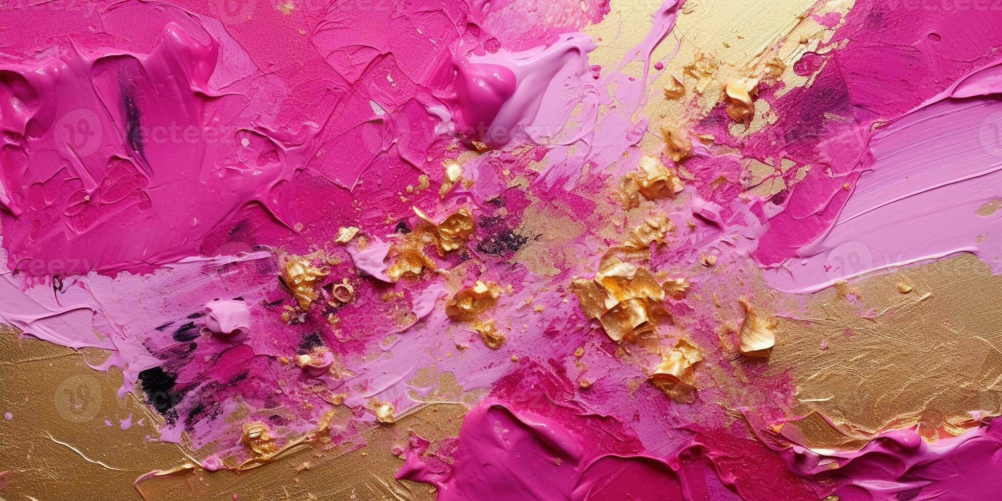 Generative AI, Pink and golden impasto abstract painting, viva magenta color background photo