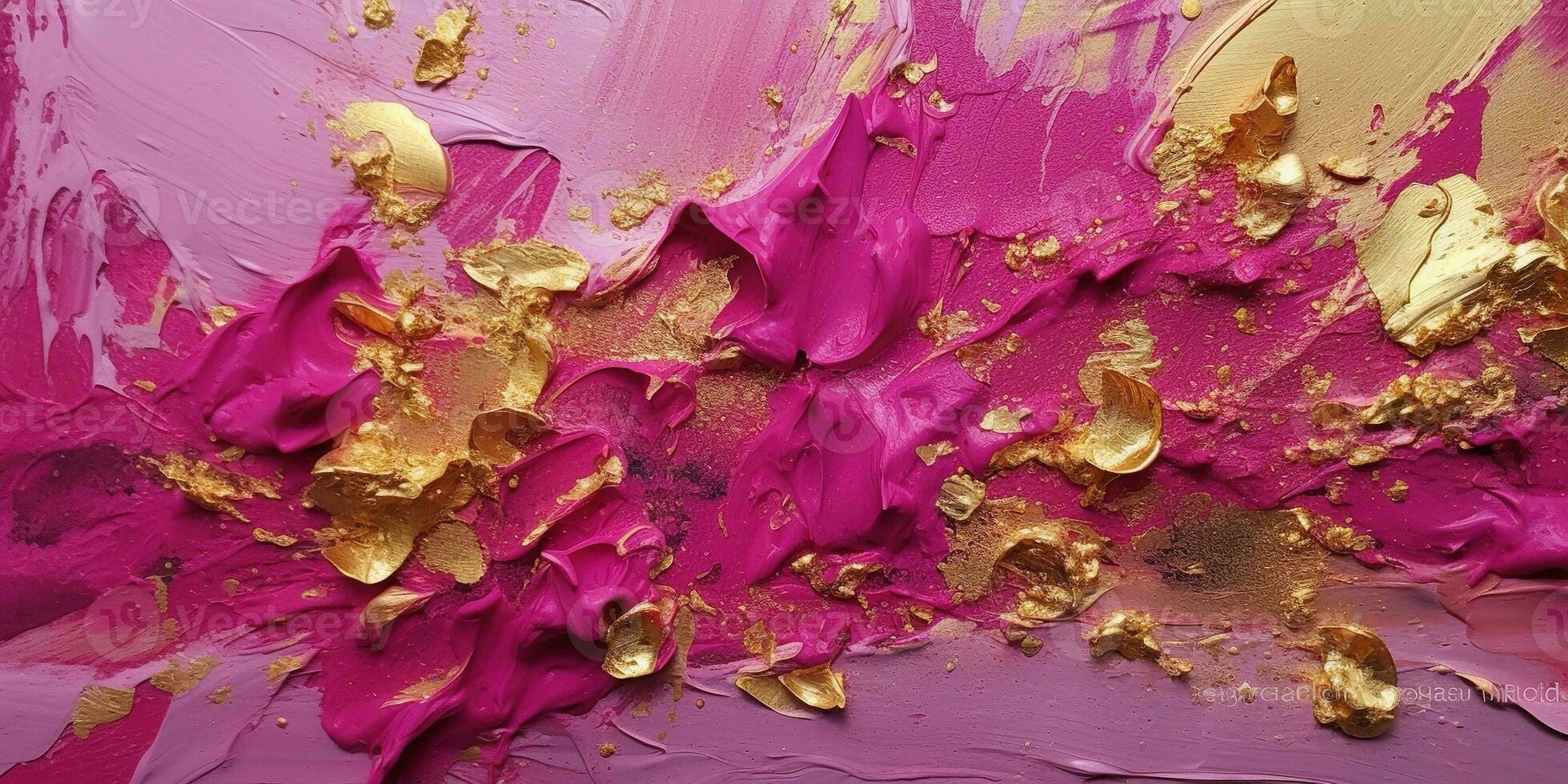 Generative AI, Pink and golden impasto abstract painting, viva magenta color background photo