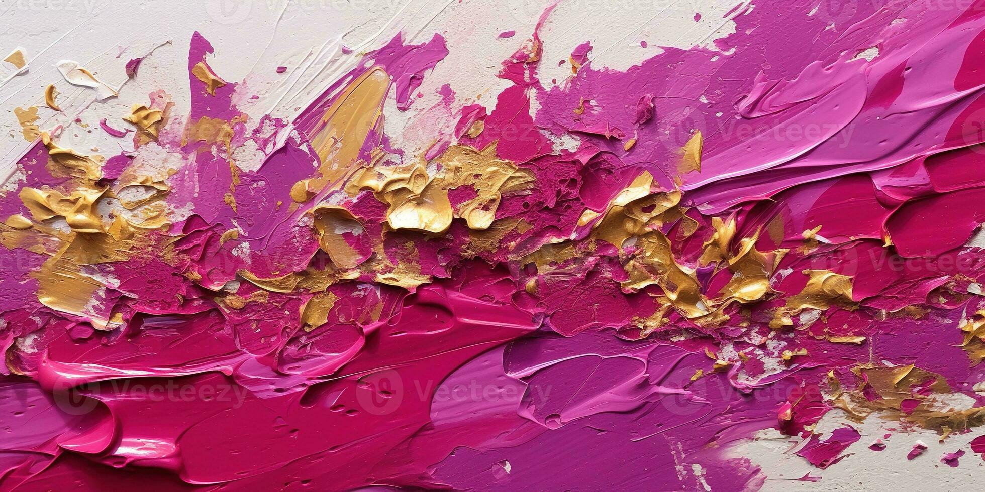 Generative AI, Pink and golden impasto abstract painting, viva magenta color background photo