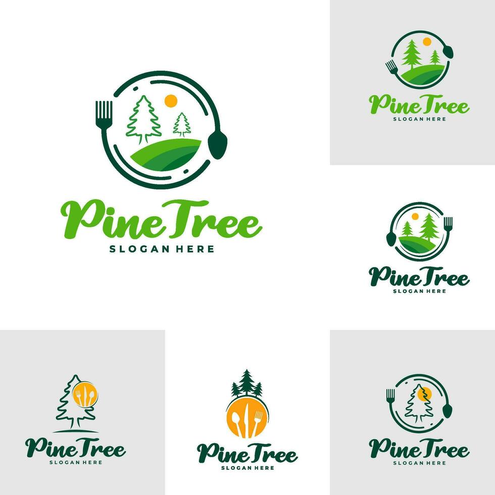 Set of Pine Tree with Food logo design vector. Creative Pine Tree logo concepts template vector