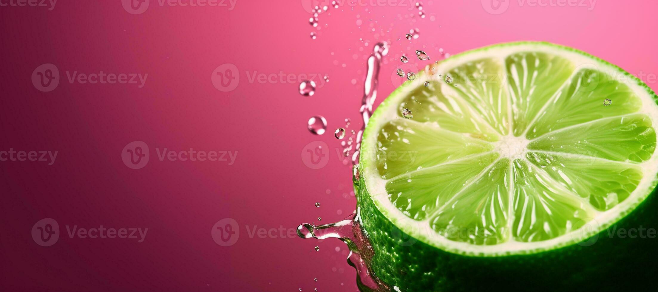 Generative AI, Fresh lime macro, grapefruit slice in water splash, green and pink magenta colors photo