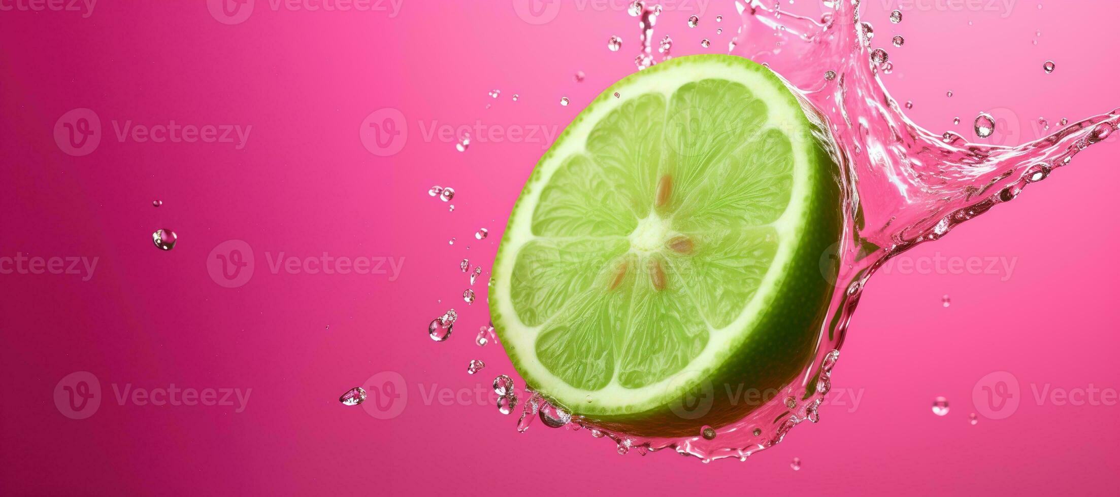 Generative AI, Fresh lime macro, grapefruit slice in water splash, green and pink magenta colors photo