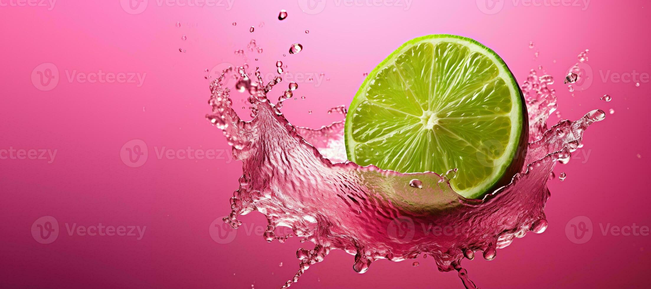 Generative AI, Fresh lime macro, grapefruit slice in water splash, green and pink magenta colors photo