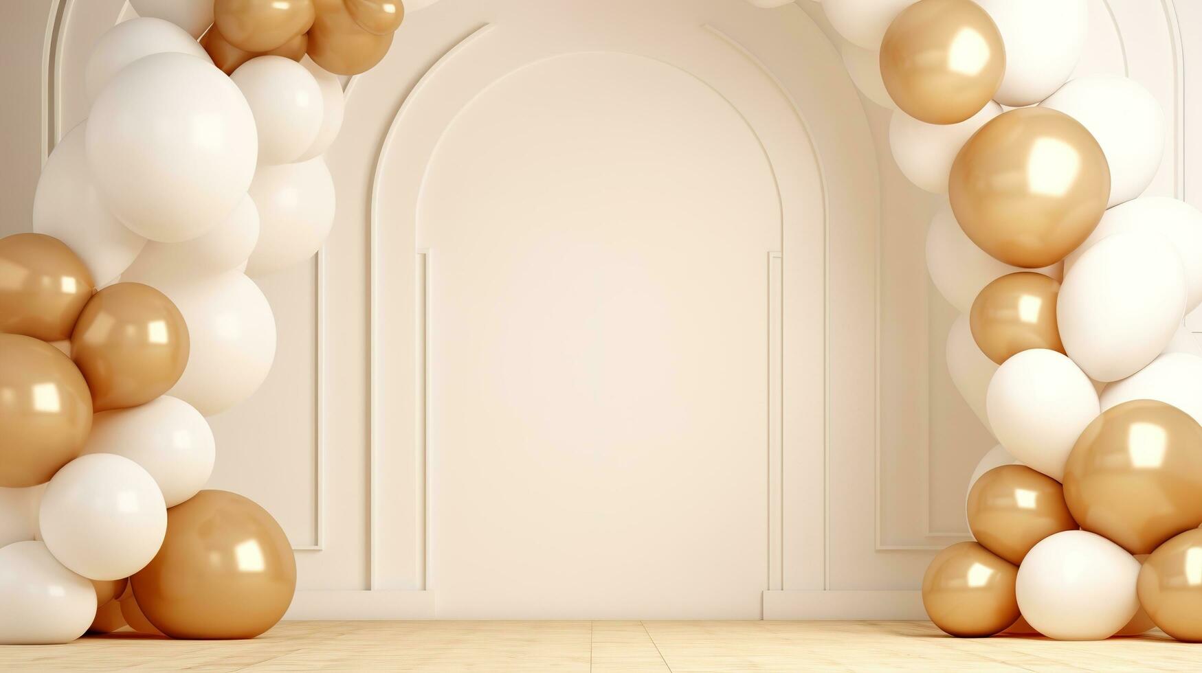 Generative AI, arch of white and golden balloons. Mock up for wedding, Christmas or other holiday 3d background photo