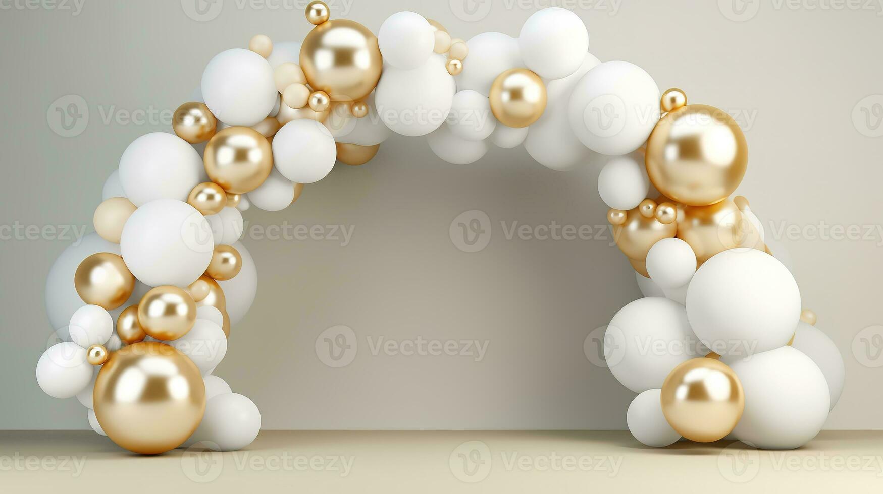 Generative AI, arch of white and golden balloons. Mock up for wedding, Christmas or other holiday 3d background photo