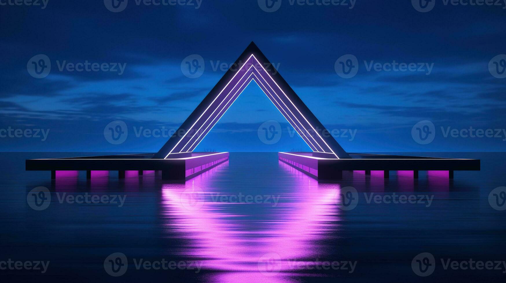 Generative AI, minimalist island paradise with geometric neon light bridge, futuristic landscape photo