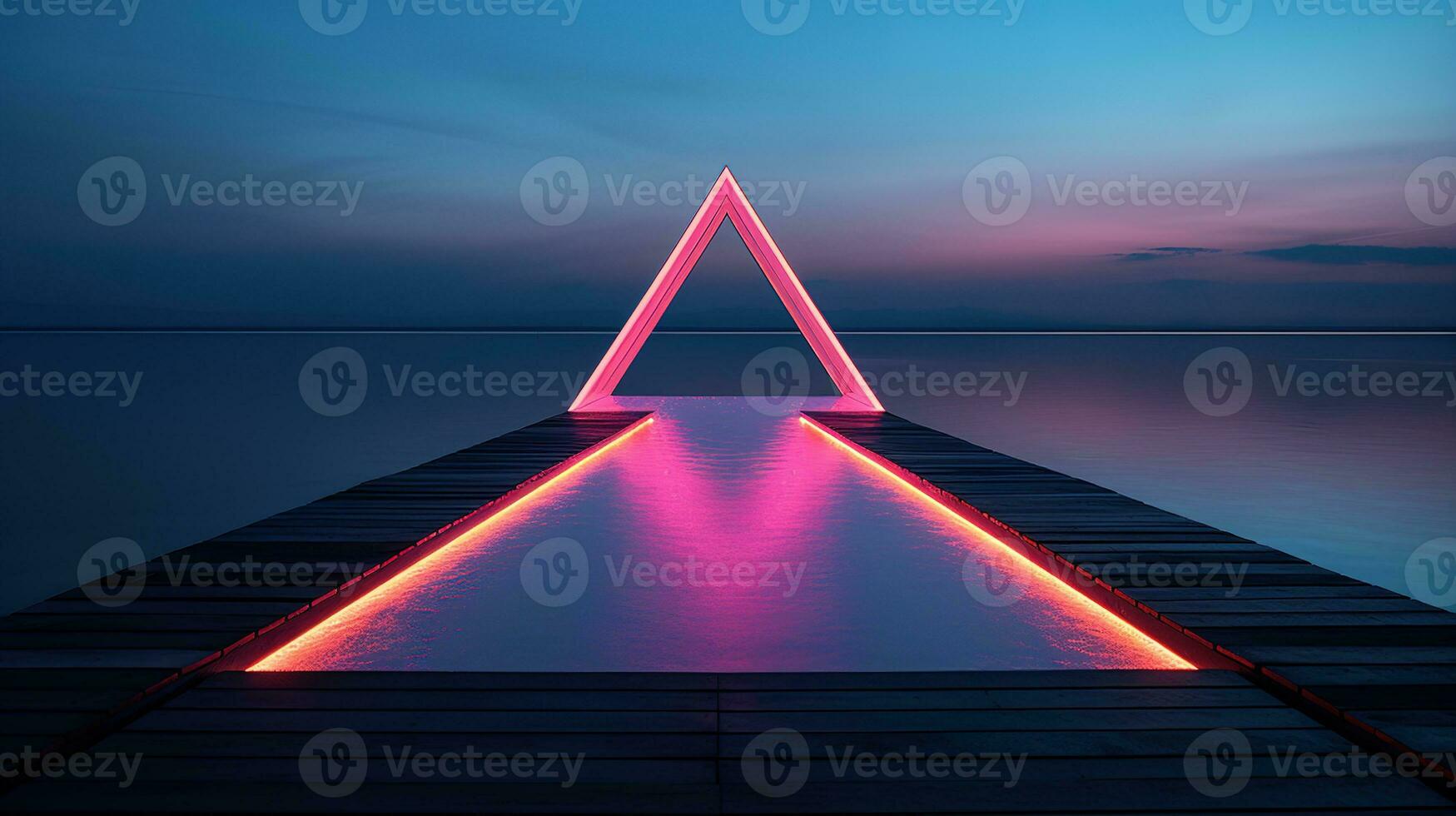 Generative AI, minimalist island paradise with geometric neon light bridge, futuristic landscape photo