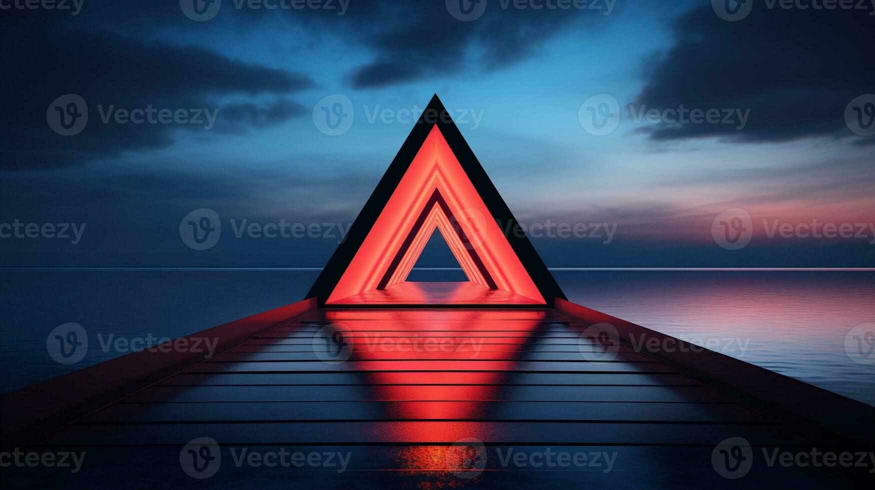 Generative AI, minimalist island paradise with geometric neon light bridge, futuristic landscape photo