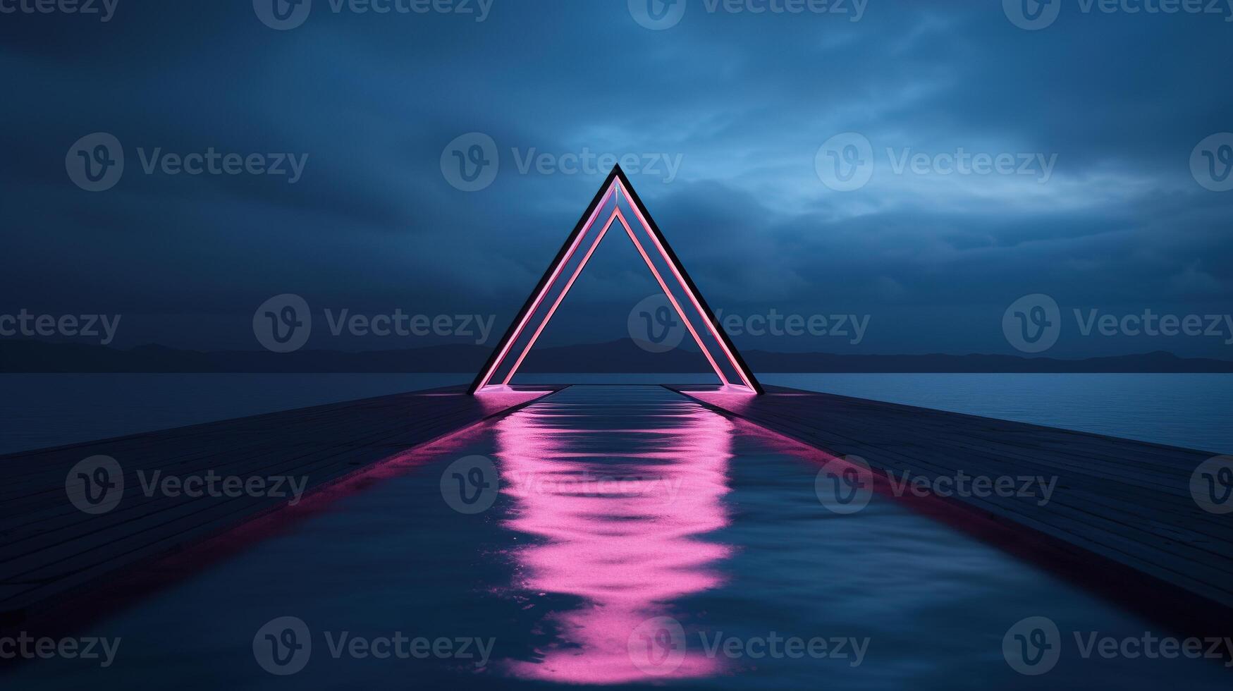 Generative AI, minimalist island paradise with geometric neon light bridge, futuristic landscape photo