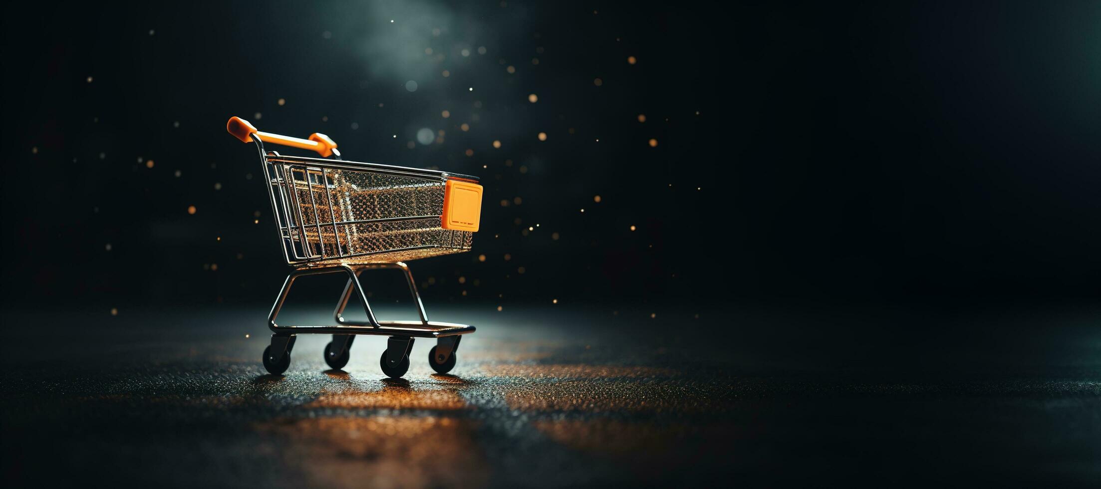 Generative AI, golden shopping cart on dark background with glittered bokeh, Black Friday concept, discount and sale.. photo