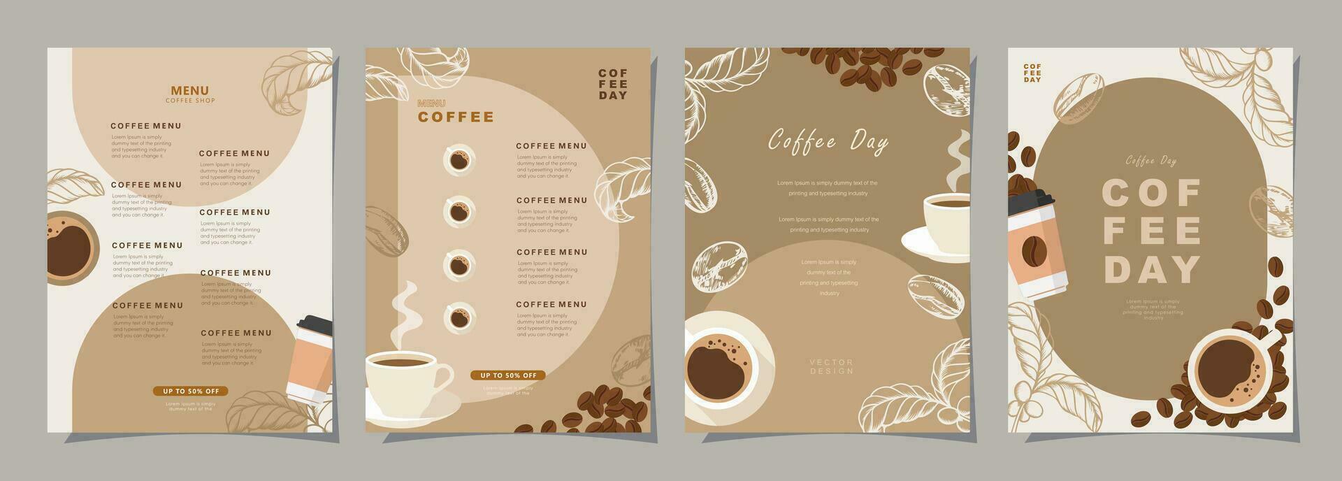 conjunto de bosquejo pancartas con café frijoles y hojas en vistoso antecedentes para póster, cubrir, menú o otro modelo diseño. vector ilustración.