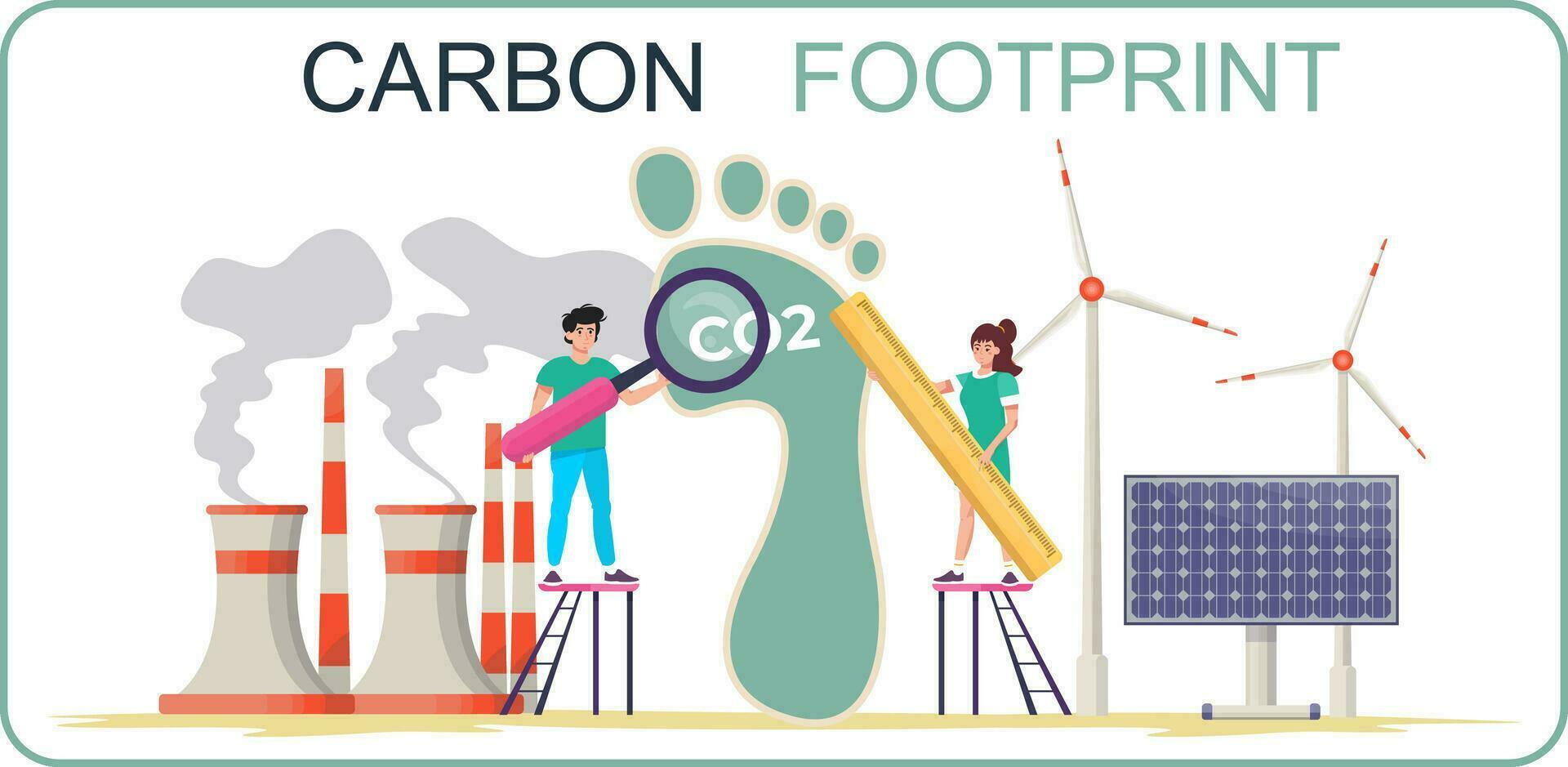 Carbon footprint concept. Carbon dioxide emissions in the air. People measuring the carbon effect on ecosystem. Environmental pollution. Nature protection. Sustainable energy. vector