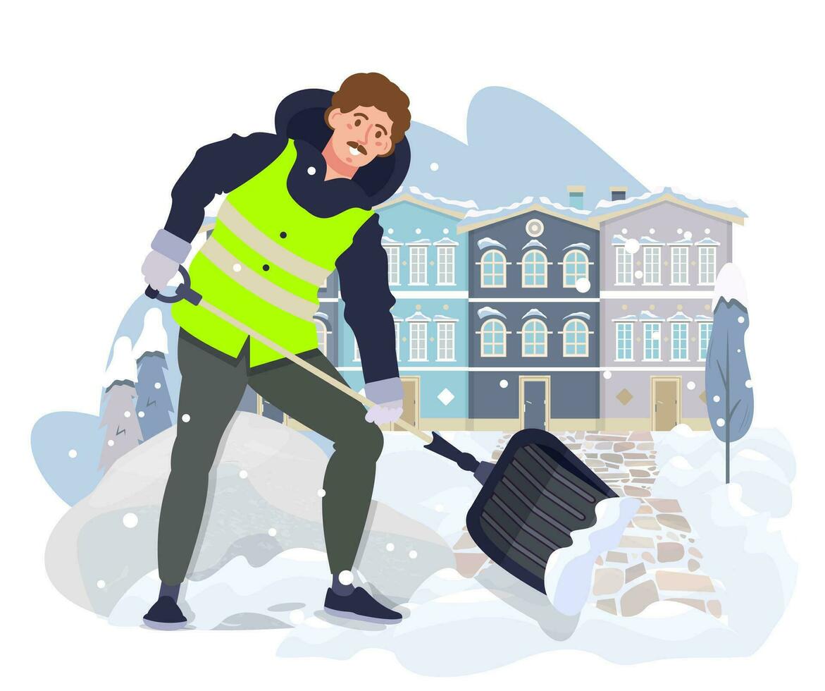 Male worker removing snow from the path. Man shoveling the road sidewalk with a big shovel. Municipal service. Snowy winter. Flat vector illustration.