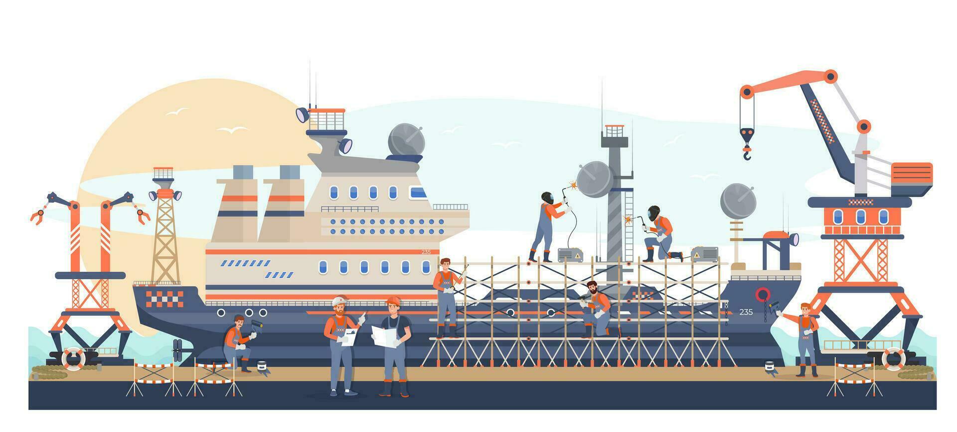 Shipbuilding site. Workers building ship in the dock. Engineers men welding metal structures, painting a vessel. Scaffolds on the ship. Shipbuilding company, plant. Marine industry. Flat vector .