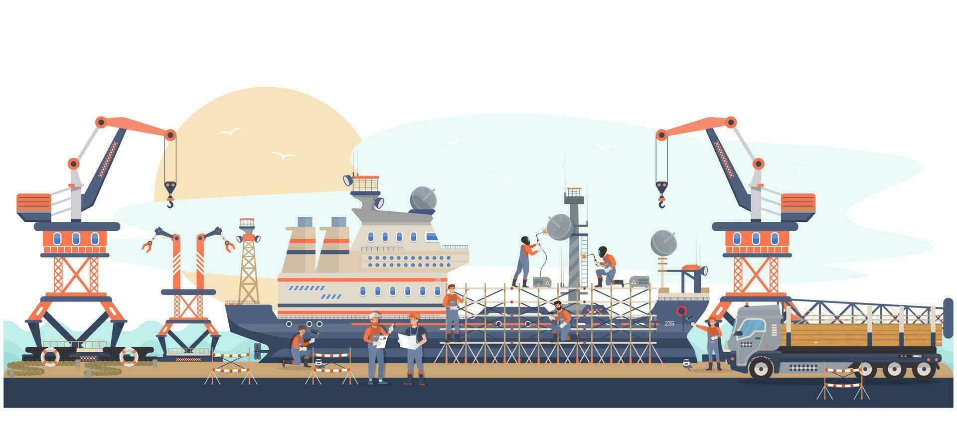 Shipbuilding site. Workers building ship in the dock. Engineers men welding metal structures, painting a vessel. Scaffolds on the ship. Shipbuilding company. Marine industry. Flat vector illustration.