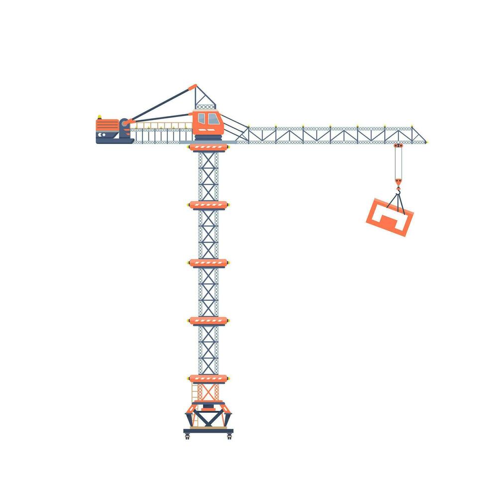 Crane, mobile crane with load, boom and cabin. Construction site equipment, machinery isolated. House building. Flat vector illustration.