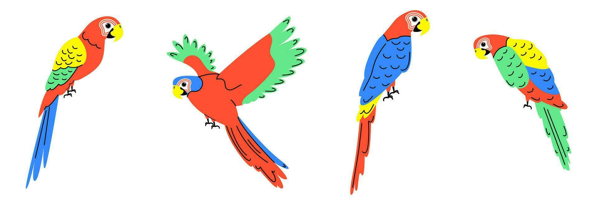 Colorful set with parrots in flat style. Vector illustration of cute parrot characters.
