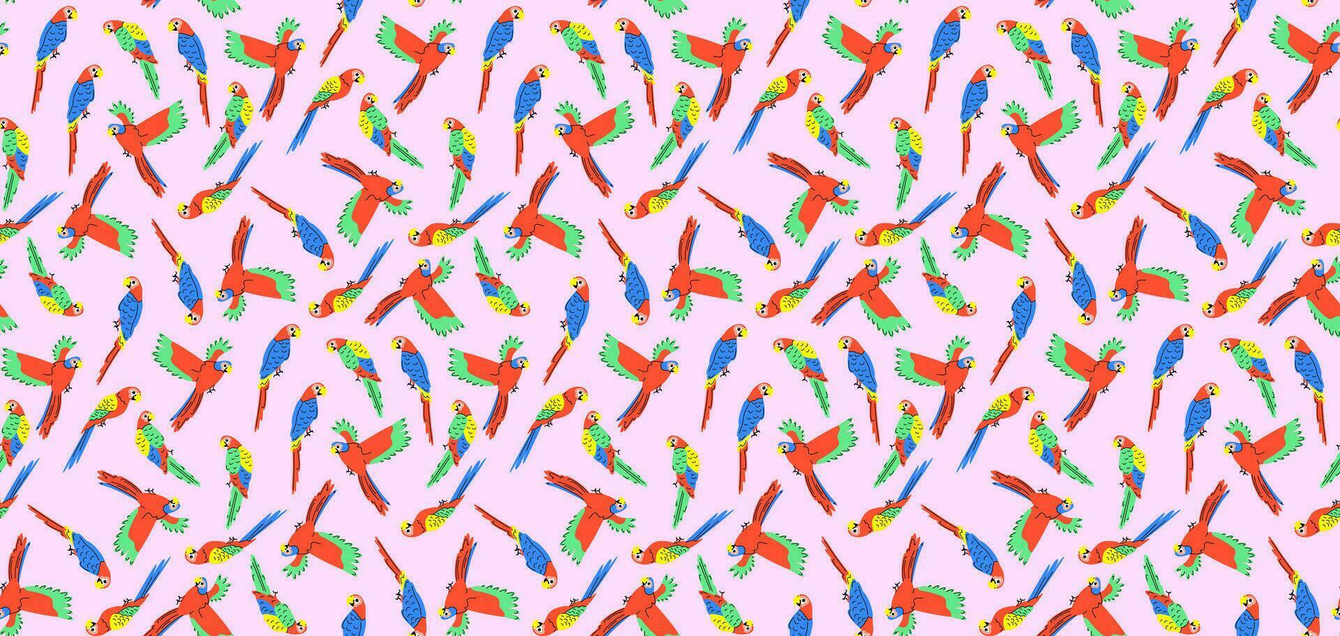 Colorful pattern with parrots in flat style. Vector seamless background with cute parrot characters.