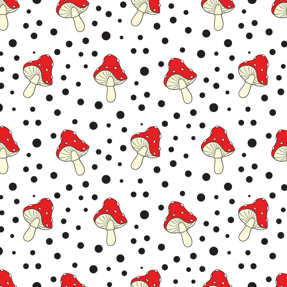 Mushroom seamless pattern. Amanita Muscaria fly agaric texture design for textile, wrapping paper. Polka dot backdrop. Vector illustration isolated on white background