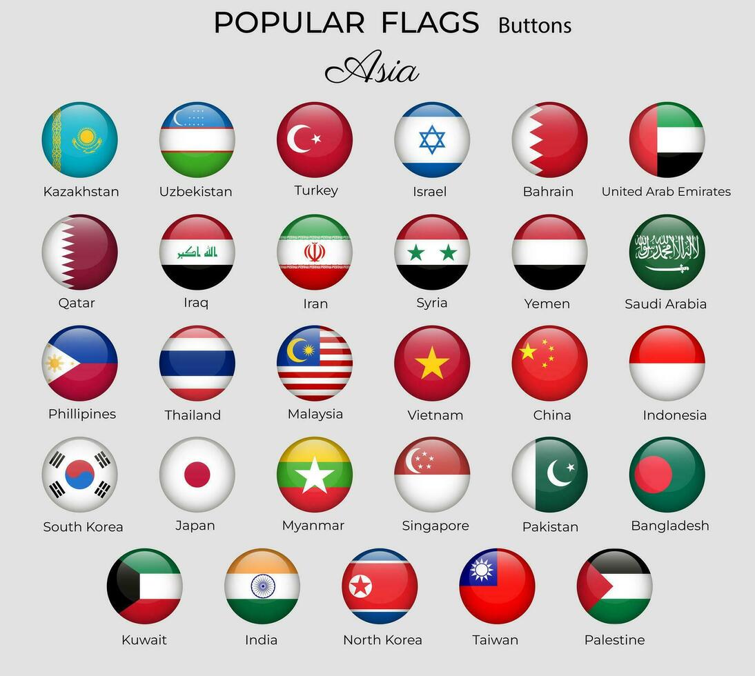 Buttons flags of Asiatic countries. Korea Singapore India China. Asia flag icon set. 3d round design. Vector isolated