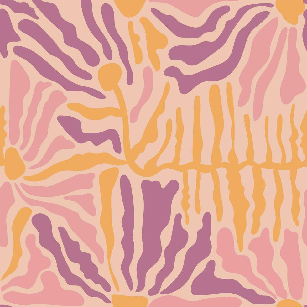 Groovy floral seamless pattern. Abstract floral textile vintage print. Retro flowers on a beige background. Pastel trendy garden ornament in 70s style. vector