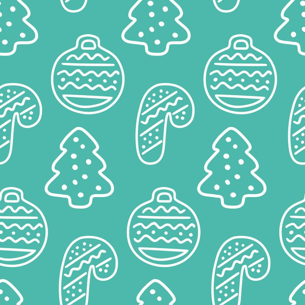Christmas tree, candy, toy doodle seamless pattern for paper, fabric, decoration. Green festive background. Vector illustration