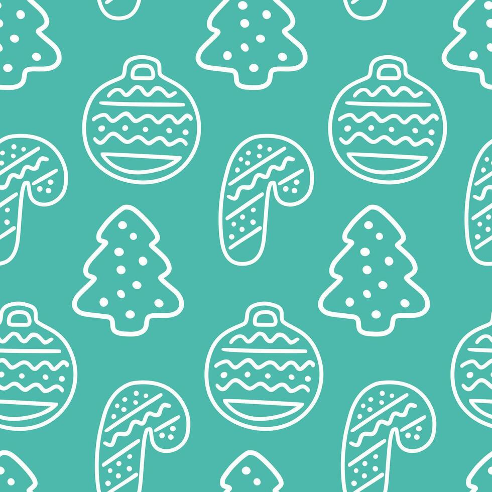 Christmas tree, candy, toy doodle seamless pattern for paper, fabric, decoration. Green festive background. Vector illustration