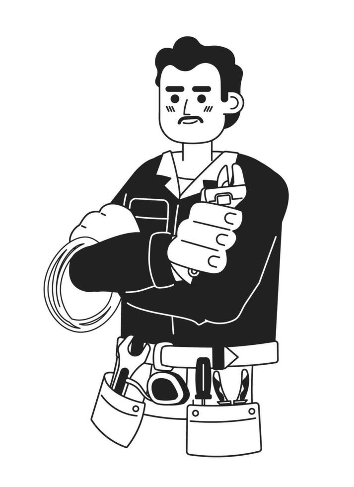 Handyman mexican mid adult black and white 2D cartoon character. Latin mustache repairman isolated vector outline person. Holding wrench moustache guy with tools monochromatic flat spot illustration