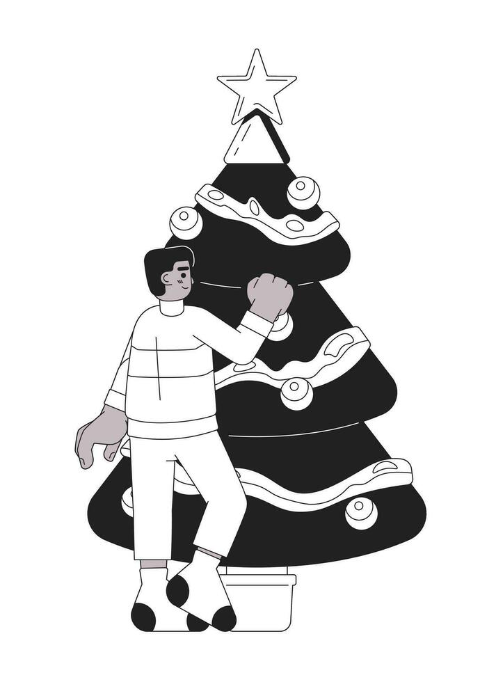 African american boy decorating Xmas tree black and white 2D cartoon character. Black male teen holding bauble isolated vector outline person. Hanging christmas monochromatic flat spot illustration