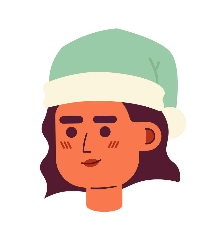 Christmas santa hat latina woman 2D vector avatar illustration. Xmas girl cartoon character face portrait. Hispanic female smiling flat color user profile image isolated on white background