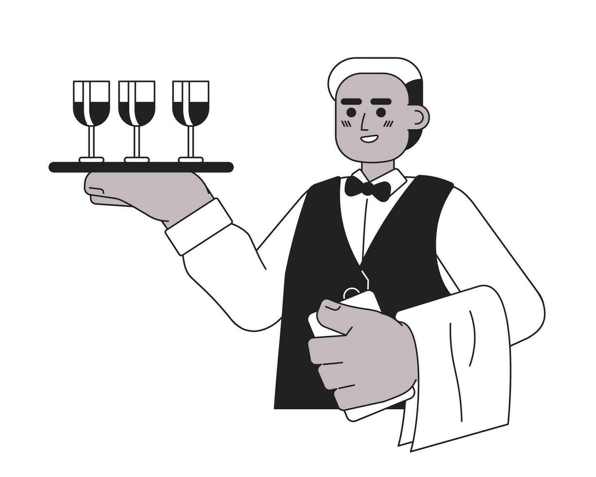 vino mayordomo africano americano masculino negro y blanco 2d dibujos animados personaje. sumiller hombre negro aislado vector contorno persona. copas de vino bandeja participación barman monocromo plano Mancha ilustración