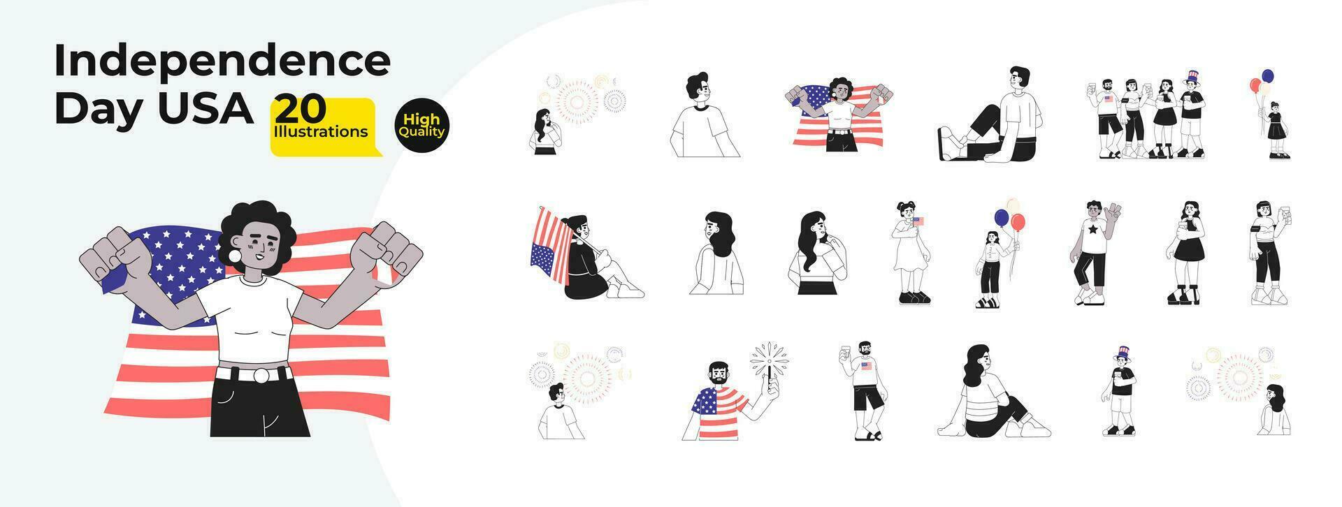 4th of july celebration black and white cartoon flat illustration bundle. Cheerful diverse people holding american flags linear 2D characters isolated. Patriotic monochromatic vector image collection