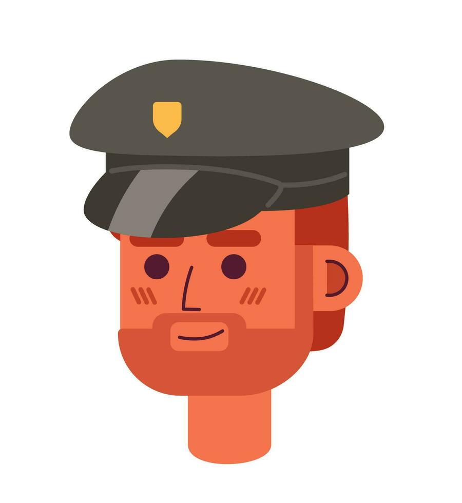 caucásico hombre policía oficial sombrero 2d vector avatar ilustración. europeo policía detective dibujos animados personaje cara retrato. ley aplicación plano color usuario perfil imagen aislado en blanco antecedentes