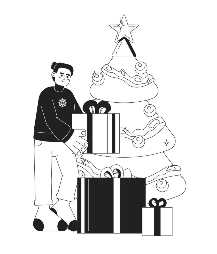 Hispanic man stacking gifts under Xmas tree black and white 2D cartoon character. Sweater guy latin american isolated vector outline person. Christmas preparation monochromatic flat spot illustration