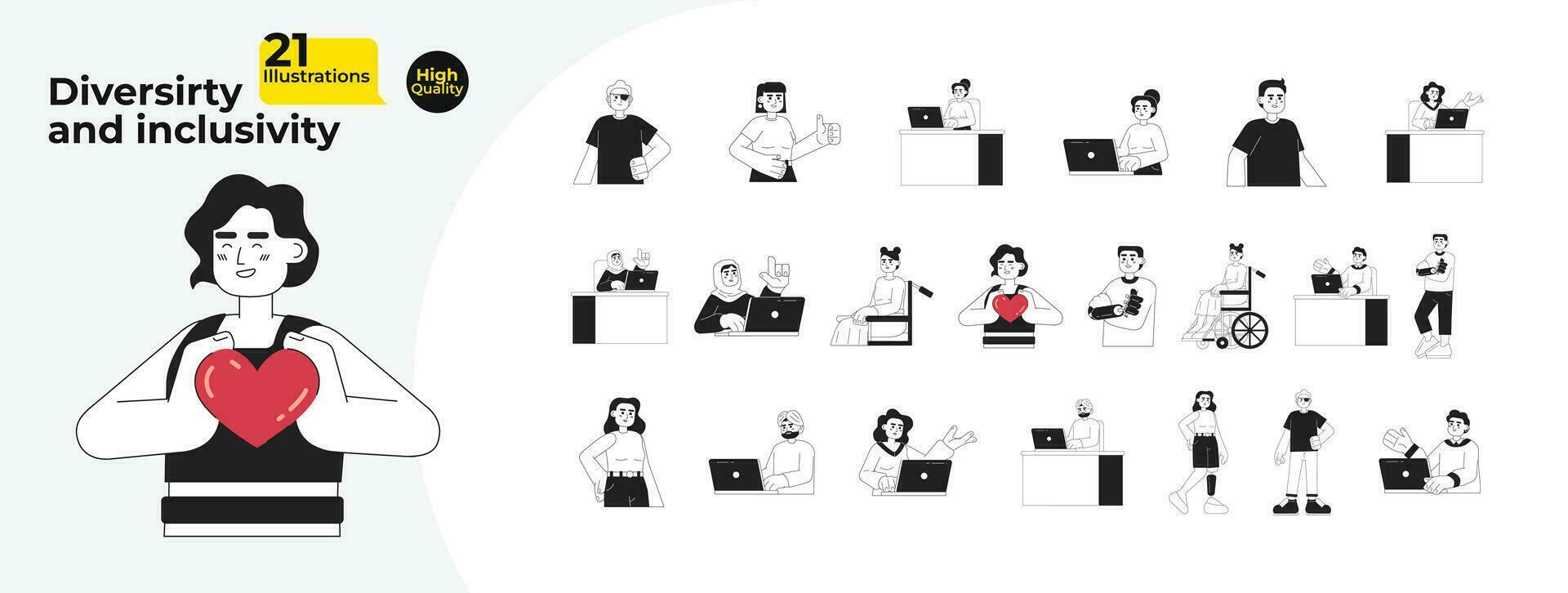 Diversity inclusivity people black and white cartoon flat illustration bundle. Diverse employee laptop linear 2D characters isolated. Office workers disabilities monochromatic vector image collection