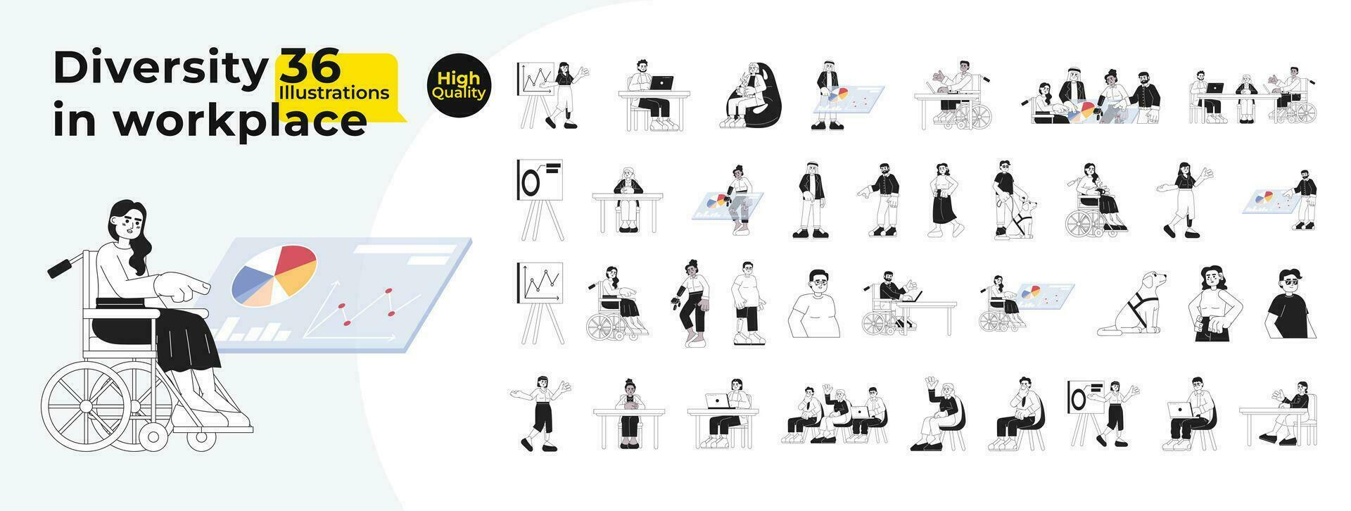 Diverse employees coworkers multicultural black and white cartoon flat illustration bundle. Diversity colleagues inclusive people linear 2D characters isolated. Monochromatic vector image collection
