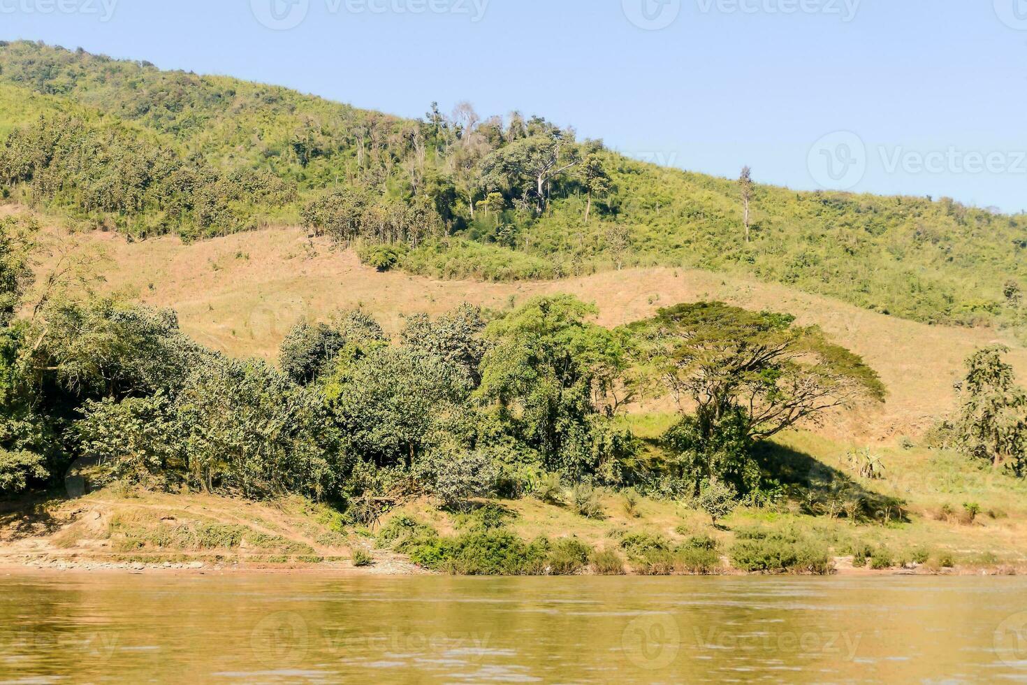 a river with trees and hills on the side photo